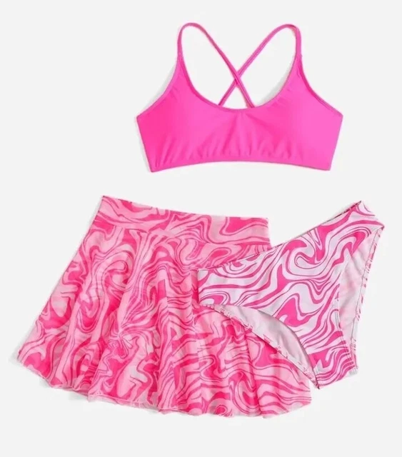 Womens Size 10 UK Hot Pink Marble Swimming Costume 3 Piece Set Swimsuit Swimwear