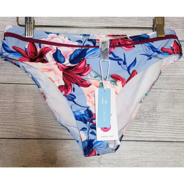 NWT Cupshe Women's Floral Bikini Swim Bottoms Size Large Blue Beach Vacation