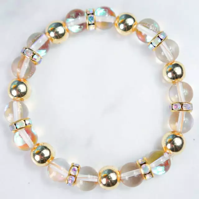 Champagne Mystic Aura Quartz Bracelet, Gold Plated Hematite, Magic Rondelle Spac