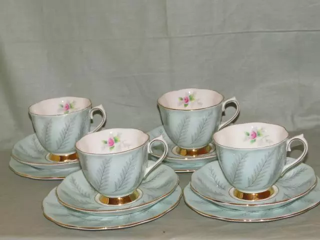 4 Royal Albert Rosamund Bone China Trios Tea Cups, Saucers & Side Plates