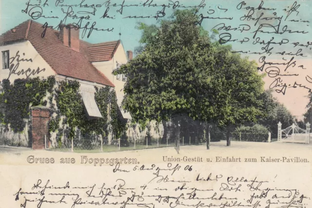 AK Gruss aus Hoppegarten mit Union Gestüt, 1906 gelaufen, Marke abgelöst
