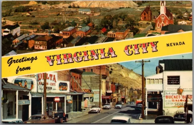 1960s VIRGINIA CITY Nevada Greetings Postcard Aerial View / Street Scene Chrome