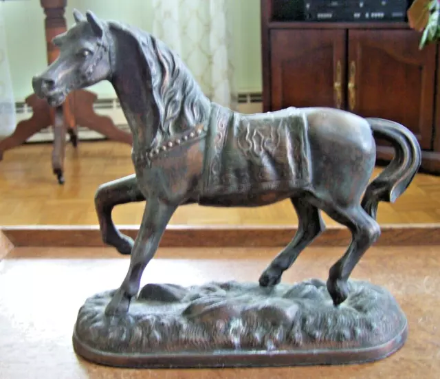 Molded Copper Horse Figurine On Metal Base-Unmarked---Nice Detail
