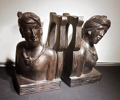 Vintage Hand Carved Wood Philippines Igorot Tribe Male And Female Bookends