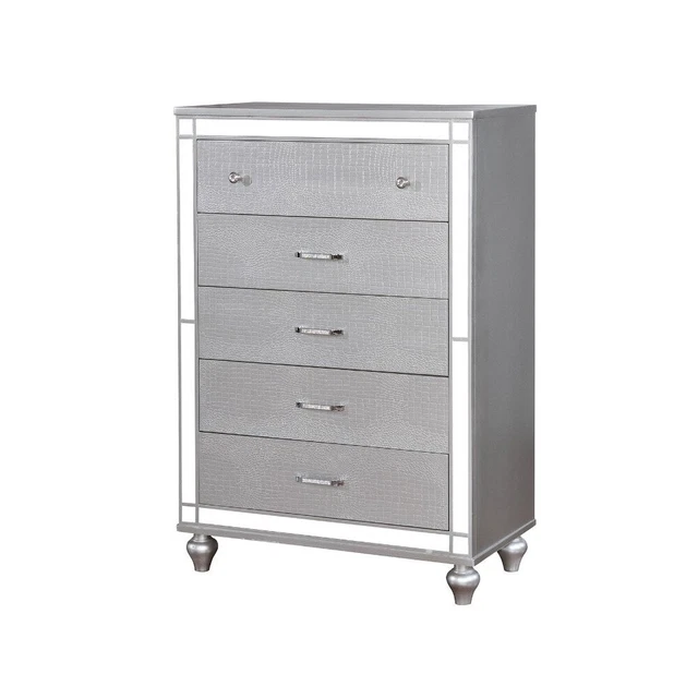 Five Drawer Solid Wood Chest with Mirror Accent Trim Front, Silver 5-drawer