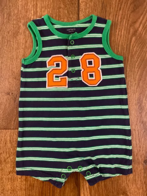 Vintage Carters Baby Boy Outfit One Piece Romper 3 Mo Stripe Green Blue Sports