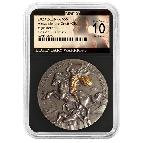 2023  NGC-X MS 10 Niue Alexander the Great 2 oz High Relief Silver Antiqued