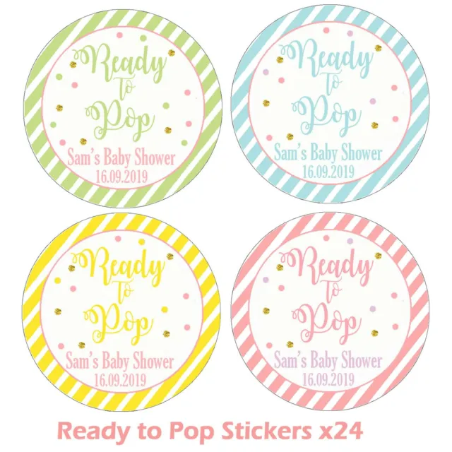 24 x BABY SHOWER PERSONALISED ROUND STICKERS LABELS READY TO POP PARTY FAVOURS