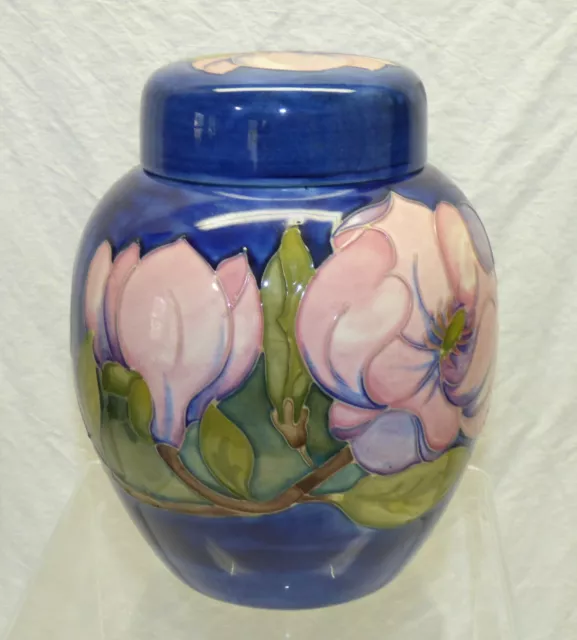 Signed Moorcroft Blue 8" Ginger Jar Pink Magnolia Vtg Art Pottery England Label