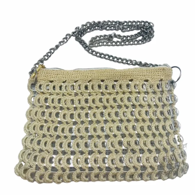 Upcycled Soda Can Pop Top Tab Woven Handbag Shoulder Bag Recycled Beige Crochet