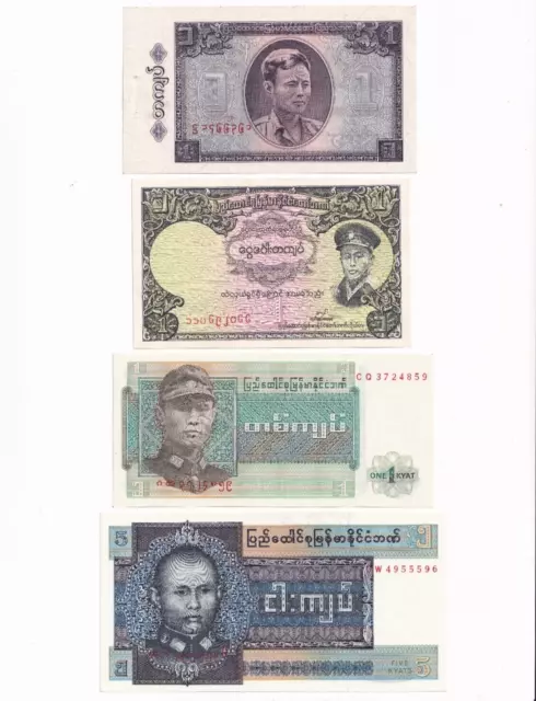 4 Banknotes 1965-1973 Union of Burma (Myanmar) 1 Kyat (x3) 5 Kyats - N10