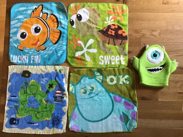 5 x Kids Flannel Face Towel Bath Wash Mitt Travel Magic Bundle Nemo Monsters Inc