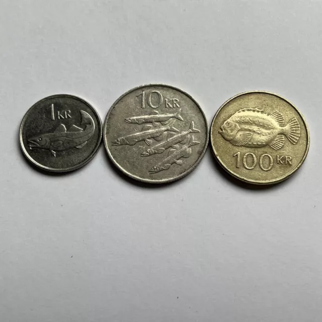 3 Iceland Fish Coins 1,10,100 Kronur Krona 1987 1992 1995 Cod Capelin Lumpfish