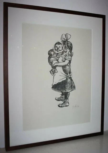 Lithographie Heinrich Zille "Mutter und Kind", hinter Passepartout gerahmt /;987