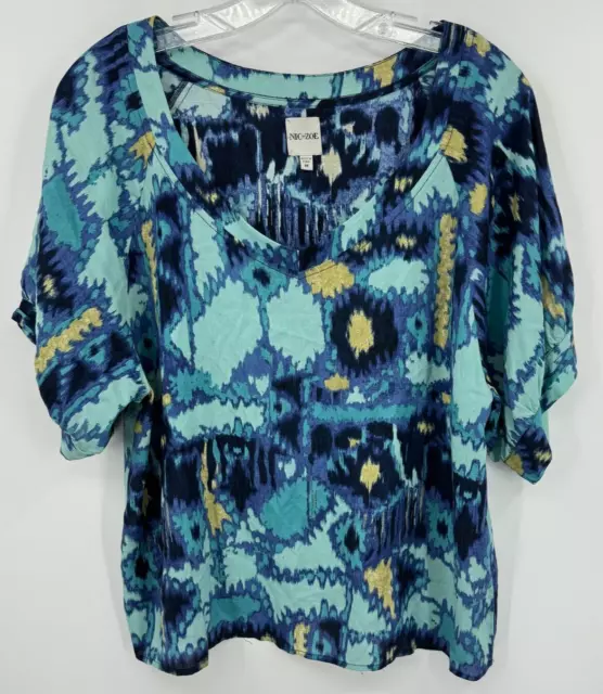 Nic + Zoe Blouse Womens M Silk Blend Lightweight Aztec Western Bohemian Blue