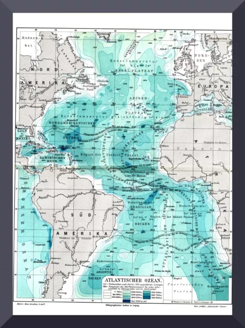 antike Landkarte +Atlantischer Ozean+ 1905 +Meerestiefen,Temperatur,Strömungen+
