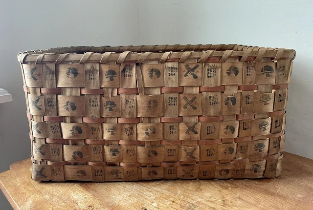 RARE 19TH C New England WOODLAND Indians TRIBE POTATO Stamp BASKET Large Antique