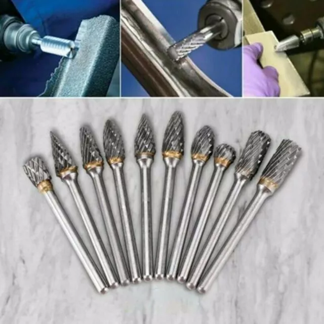 10pc Set 1/4 Double-Cut Tungsten Steel Carbide Rotary Burr Die Grinder Shank Bit