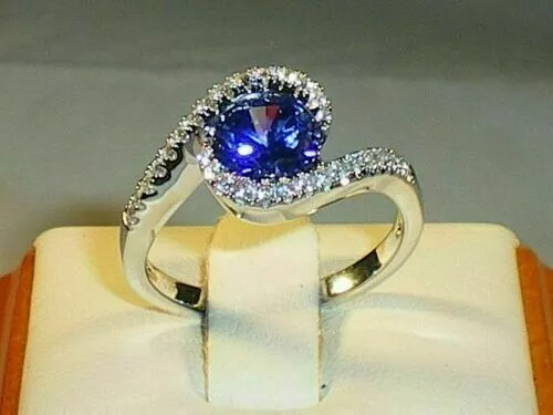 1.30 Ct Round Cut Real Sapphire & Diamond Engagement Ring 14K White Gold Size 6