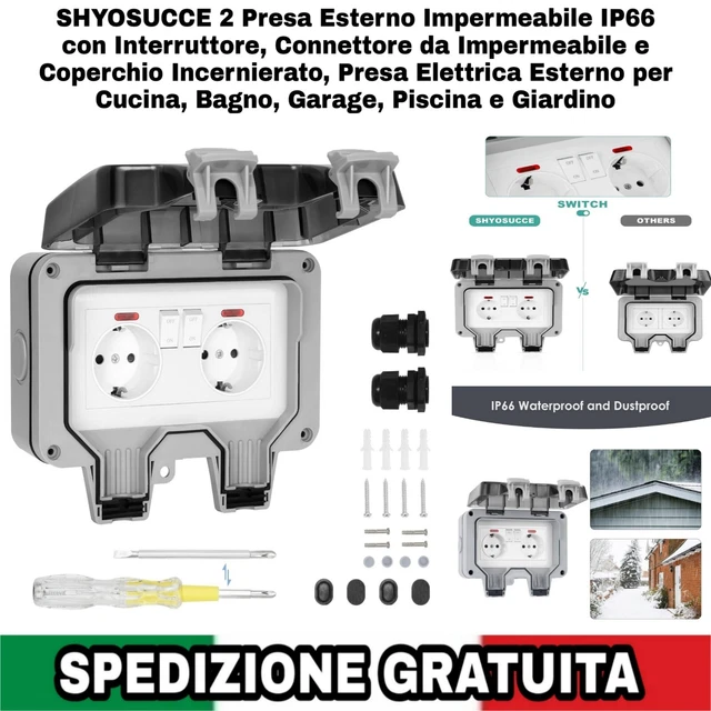 Presa Esterna Doppia Impermeabile IP66 Con Interruttore E Spia - Coperchio A Scatto, Per Giardino, Garage, Bagno