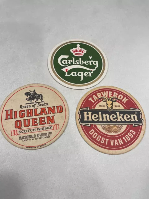 3 x cardboard coasters round beer coasters Heineken Highland Queen Carlsberg
