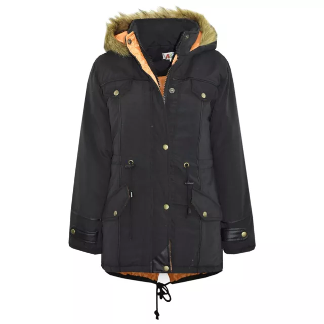 Giacca Bambina Bambina DESIGNER Cappotto Parka Nero Pelliccia Finta Scuola Con Cappuccio 3-13 Y