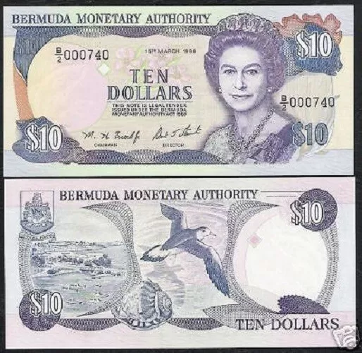 Bermuda 10 Dollars P42 1996 Queen Bird Low Serial # Unc Sea Shell Money Banknote