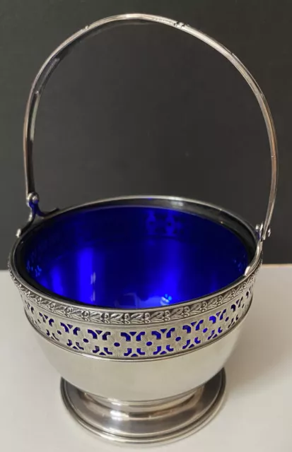 ANTIQUE WATSON STERLING SILVER SUGAR BASKET with COBALT GLASS LINER