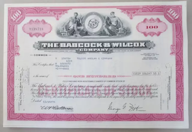 Babcock & Wilcox Co., Aktie über 100 shares, USA 1970ger.