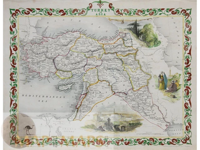 Turchia in Asia Cipro Armenia Vecchia mappa antica originale Tallis 1851
