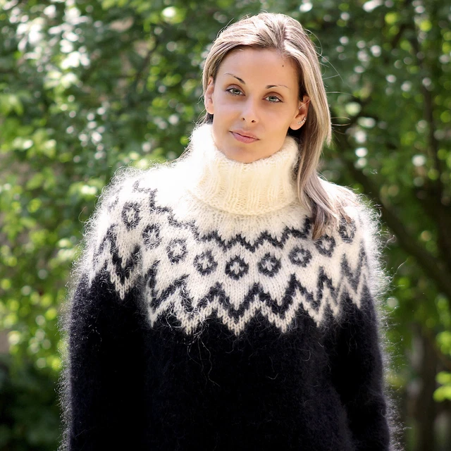 Designer Hand Knitted Mohair Turtleneck Sweater Icelandic Jumper Black Pullover