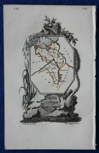 IRELAND, SLIGO, LEITRIM, ROSCOMMON, minature antique county map, Perrot, 1824