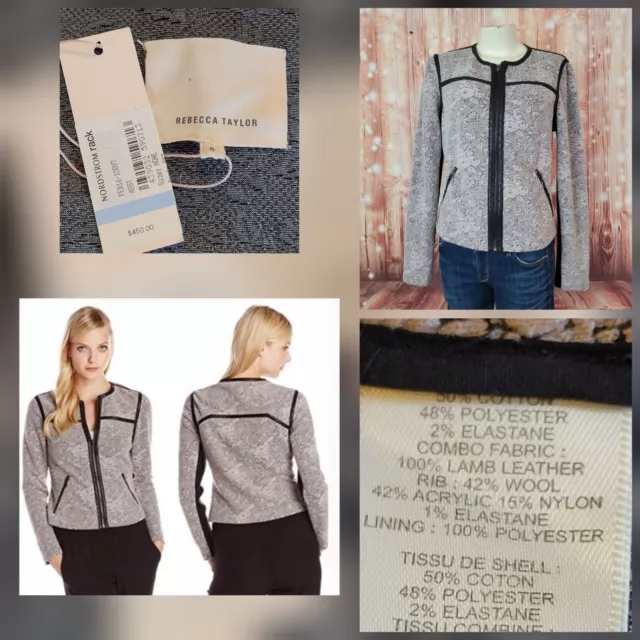 Rebecca Taylor Women’s Lamb Leather Trim Full Zip Tweed Jacket Size 8 Org $450