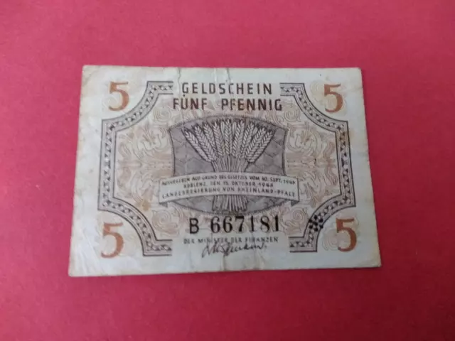 FÜNF PFENNIG Geldschein von 1947 gebraucht