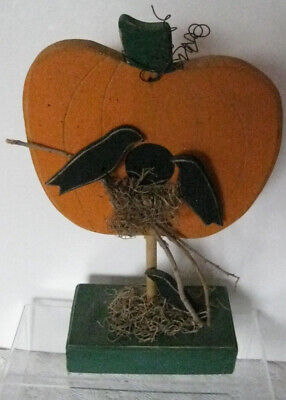 Primitive Wood Carved Pumpkin 3 Crows Figures Halloween Autumn Folk Art  12.5" T