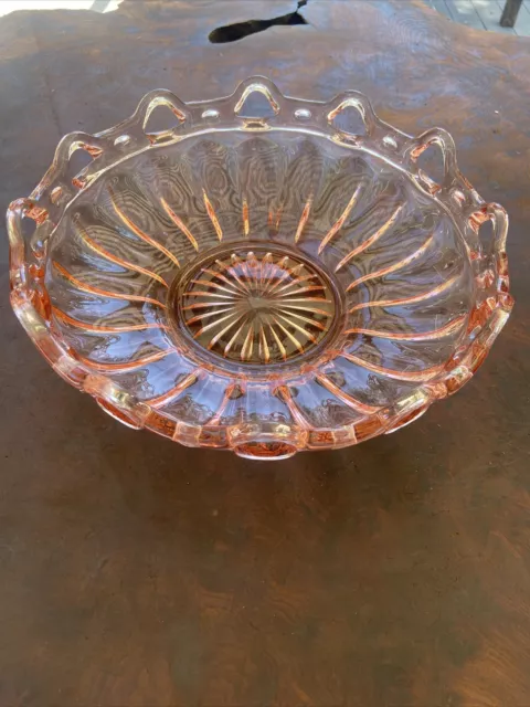 Vintage Pink Depression Glass Pierced Scalloped Edge 10" Bowl No Chips