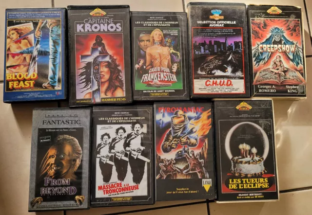 Lot de 9 VHS d'horreur (Cronos, Chud, Creepshow, Pyromaniac, Tronçonneuse..)