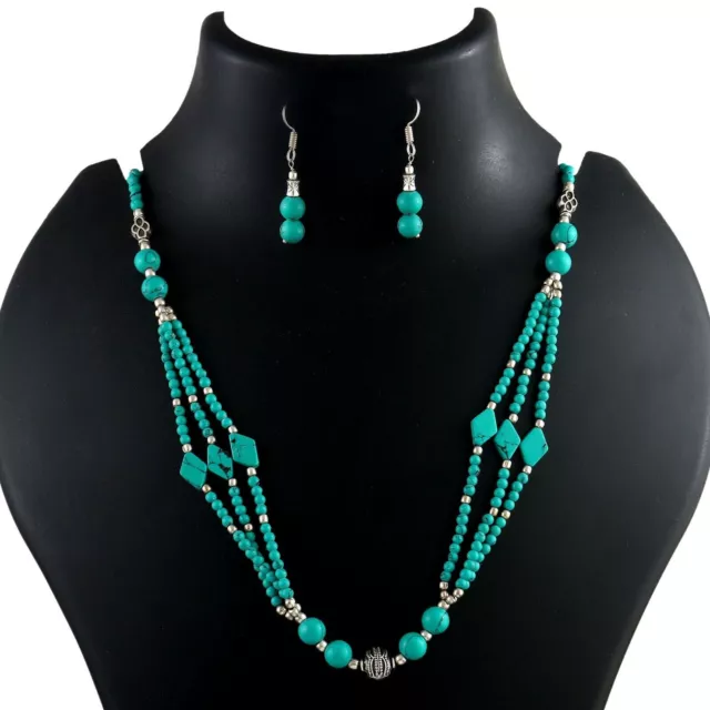 Real Green Turquoise Beaded Necklace Set 925 Sterling Silver Gemstone Jewelry