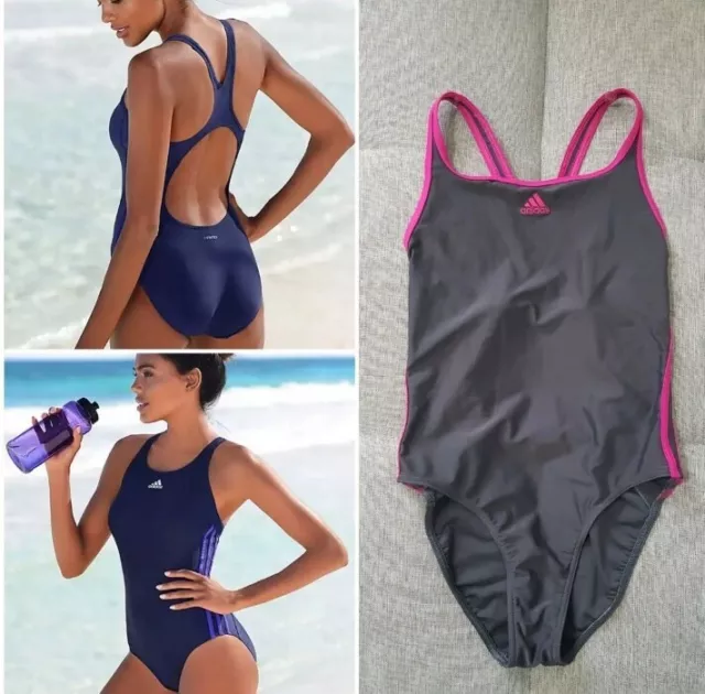 Ladies Size 10 34" ADIDAS Infinitex Charcoal Grey Pink Swim Suit Costume