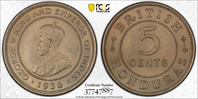 British Honduras, 1936 George V Five Cent, 5 Cent. PCGS MS 65. 60,000 Mintage.