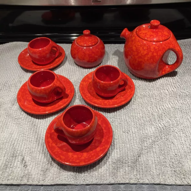 12 Piece Tea Set 50’s/60’s Vintage MCM Red W Orange Abstract Round Bubble Teapot