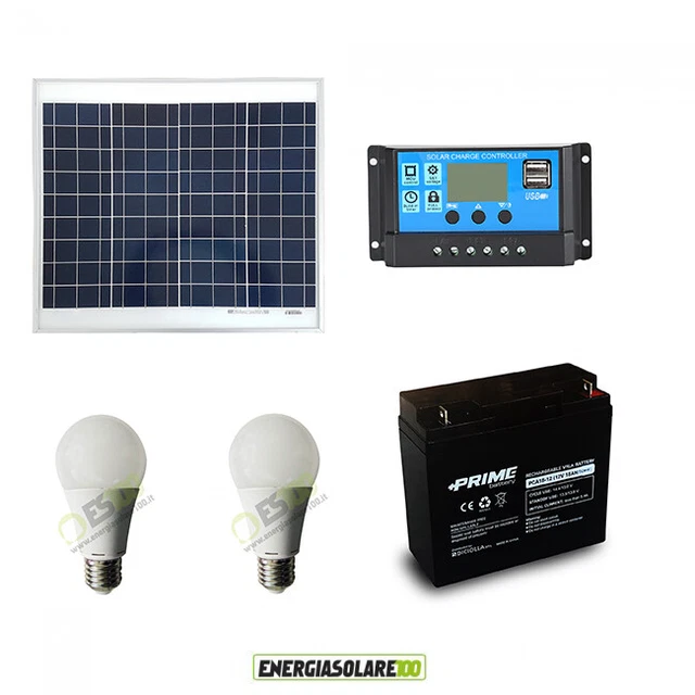 Kit éclairage panneau solaire 30W 5 heures ampoules LED 7W chalet
