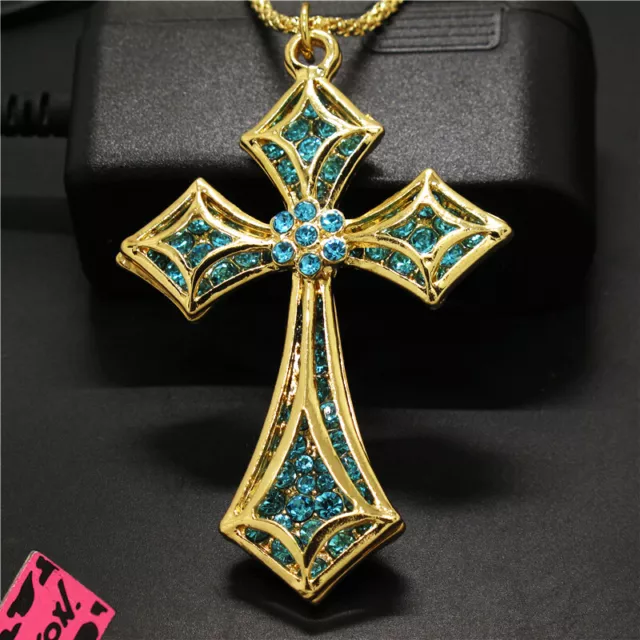 New Betsey Johnson Rhinestone Blue Cross Religion Crystal Pendant Chain Necklace