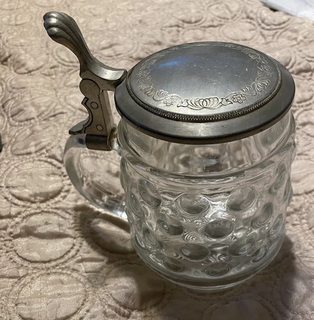 Vintage glass beer stein, clear bubble glass, aluminun lid