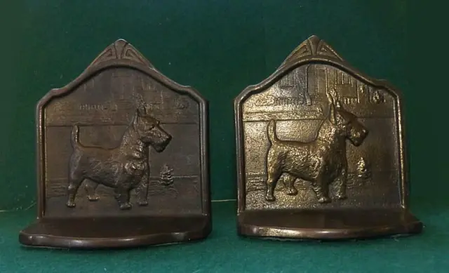 Pair Of Bronzed Cast Iron Scottish Terrier Bookends - Connecticut Foundry - 1929