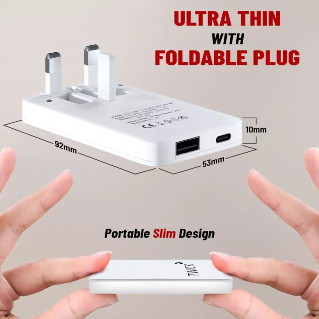 20W Ultra Slim Fast Charger Plug, USB C PD & USB-A QC, Folding pins, Dual Ports 2