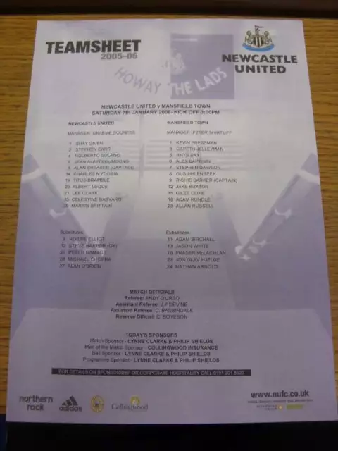 07/01/2006 Colour Teamsheet: Newcastle United v Mansfield Town [FA Cup] (Fold).