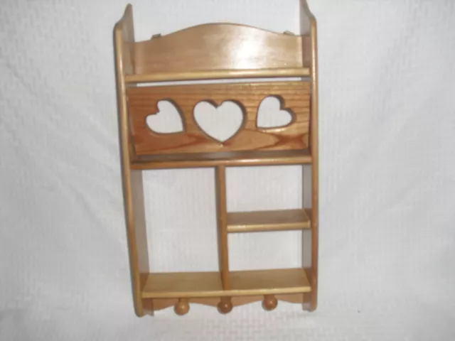 Vintage  Wooden Wall Shelf With  Cut Out swinging HEART and coat pegs