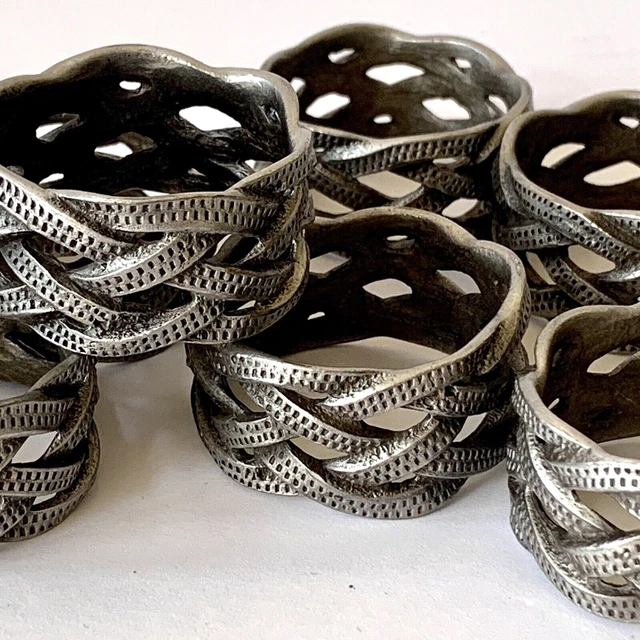Juego de 8 anillos de servilleta tejidos de peltre de colección diseño trenzado pesado