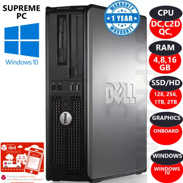 Dell Quad Core Pc 8Gb Ram 256Gb Ssd 2Tb Hdd Desktop Tower Windows 10 Wi-Fi